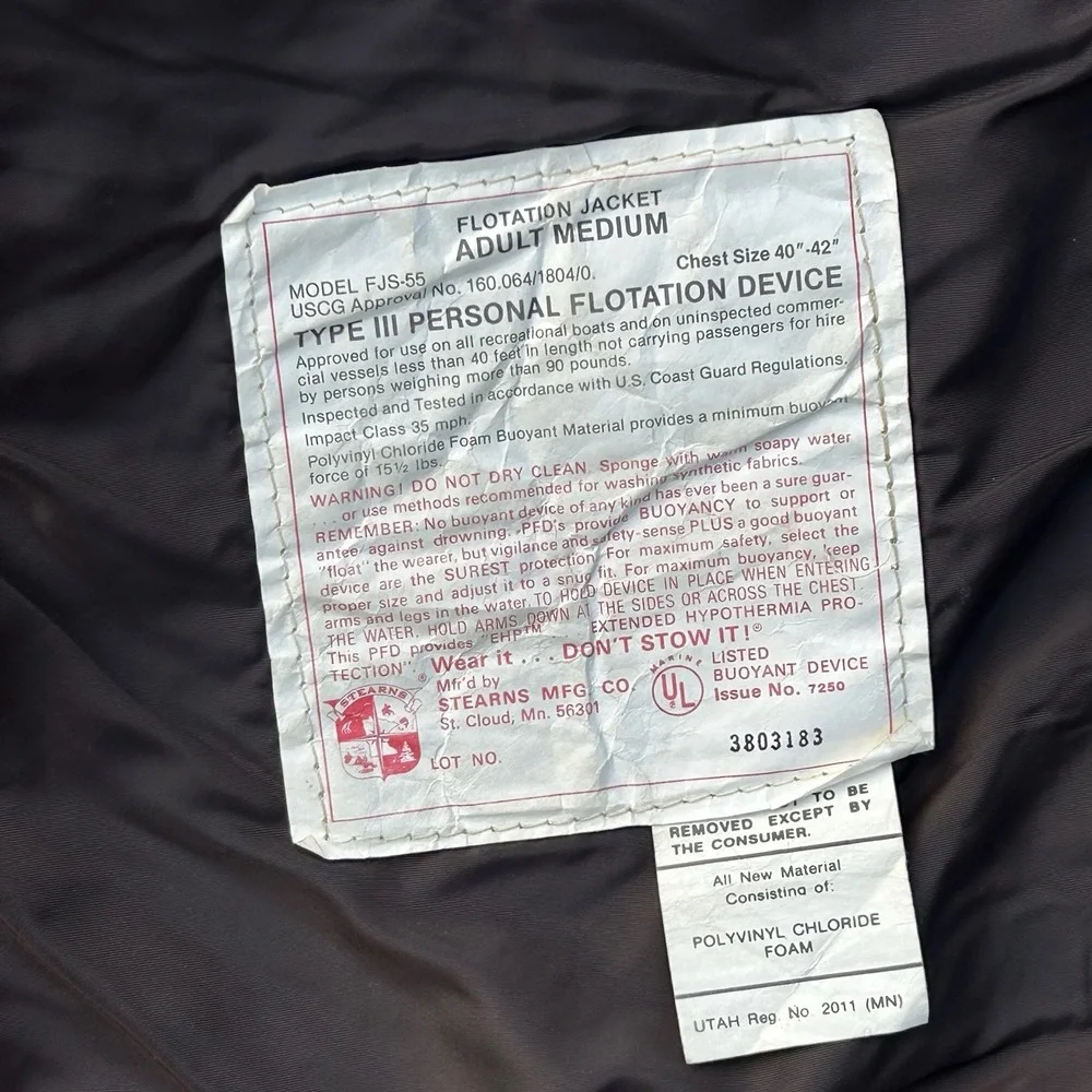 Vintage Sterns Floatation Jacket Model FJS 55‎ Type 3 Floatation Device Adult M